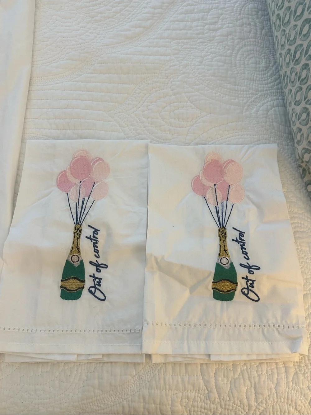 White Teas Towels with Pink Balloon & Green Champagne Bottle Embroidery